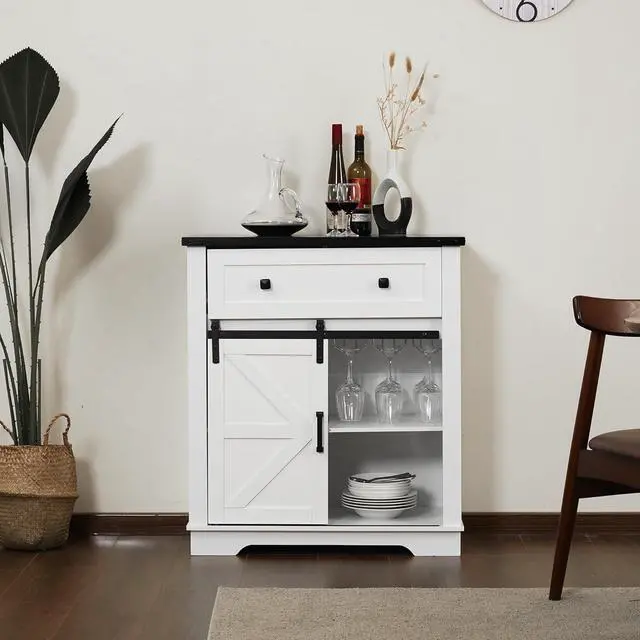 Alt view image 3 of 7 - Buffet Cabinet with Storage, Farmhouse Rustic Sideboard with Drawer, with Wine Glass Rack, Coffee Bar Console Table with Barn Door for Kitchen, Home, Dining Room, Entryway, White