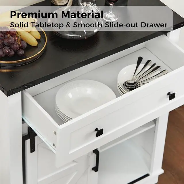 Alt view image 4 of 7 - Buffet Cabinet with Storage, Farmhouse Rustic Sideboard with Drawer, with Wine Glass Rack, Coffee Bar Console Table with Barn Door for Kitchen, Home, Dining Room, Entryway, White