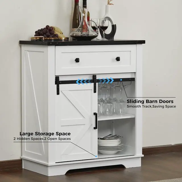 Alt view image 6 of 7 - Buffet Cabinet with Storage, Farmhouse Rustic Sideboard with Drawer, with Wine Glass Rack, Coffee Bar Console Table with Barn Door for Kitchen, Home, Dining Room, Entryway, White