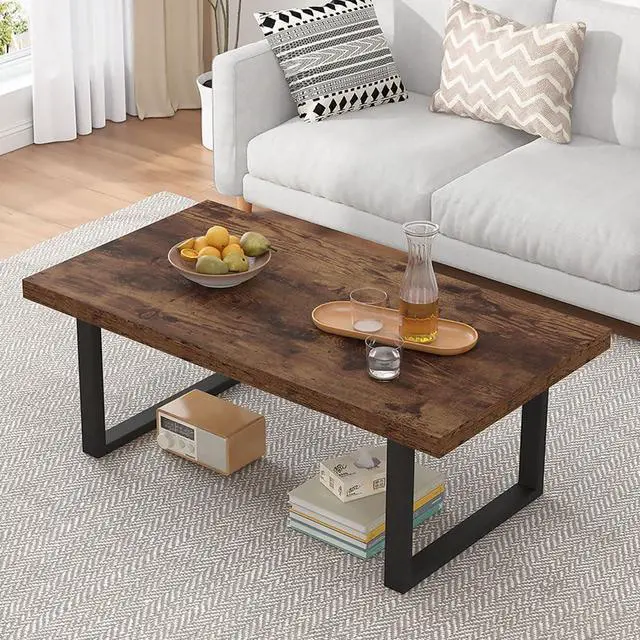 Main image of IBF Rustic Coffee Table, Industrial Simple Wooden Living Room Table, Modern Minimalist Farmhouse Rectangle Center Table, Wood and Metal Vintage Tea Coffee Table for Home Bedroom, Rustic Brown, 39 Inch