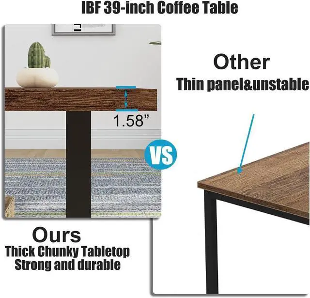 Alt view image 4 of 7 - IBF Rustic Coffee Table, Industrial Simple Wooden Living Room Table, Modern Minimalist Farmhouse Rectangle Center Table, Wood and Metal Vintage Tea Coffee Table for Home Bedroom, Rustic Brown, 39 Inch