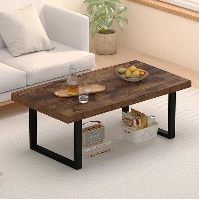 Alt view image 5 of 7 - IBF Rustic Coffee Table, Industrial Simple Wooden Living Room Table, Modern Minimalist Farmhouse Rectangle Center Table, Wood and Metal Vintage Tea Coffee Table for Home Bedroom, Rustic Brown, 39 Inch