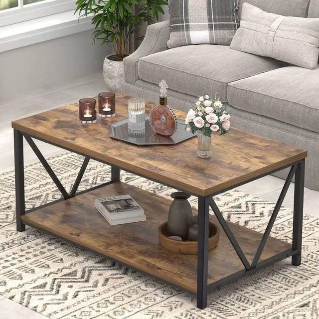 Main image of EXCEFUR Modern Coffee Table, Industrial Metal and Wood Living Room Table with Storage Shelf, Rustic Brown