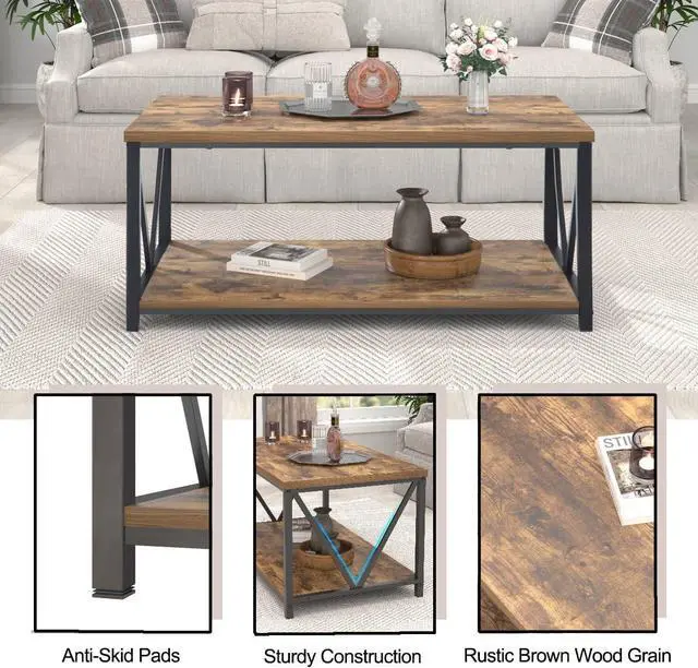 Alt view image 5 of 7 - EXCEFUR Modern Coffee Table, Industrial Metal and Wood Living Room Table with Storage Shelf, Rustic Brown