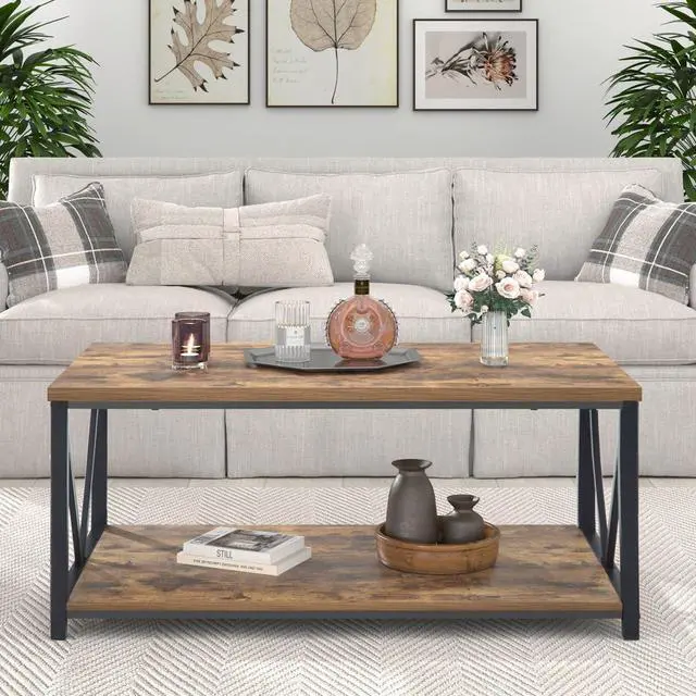 Alt view image 7 of 7 - EXCEFUR Modern Coffee Table, Industrial Metal and Wood Living Room Table with Storage Shelf, Rustic Brown