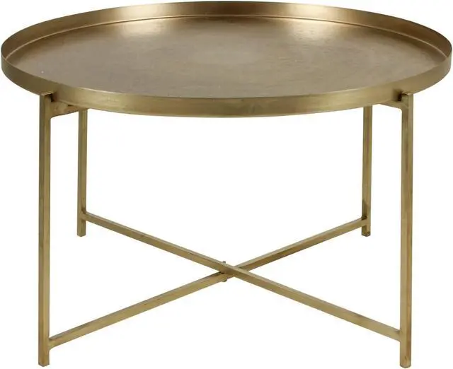 Main image of East at Main Handcrafted Gold Coffee Table with Etched Tray Top, Antique Brass Finish, Iron Legs - 30" X 17" Durable and Stylish Living Room Furniture