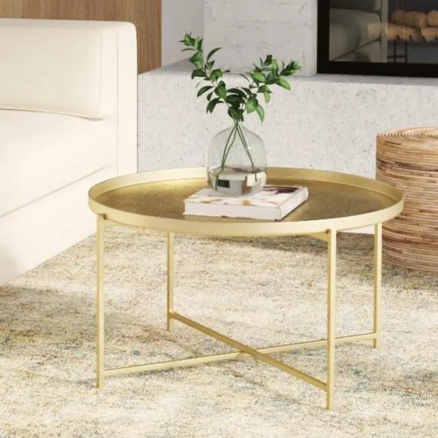 Alt view image 2 of 7 - East at Main Handcrafted Gold Coffee Table with Etched Tray Top, Antique Brass Finish, Iron Legs - 30" X 17" Durable and Stylish Living Room Furniture