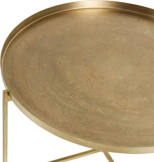 Alt view image 3 of 7 - East at Main Handcrafted Gold Coffee Table with Etched Tray Top, Antique Brass Finish, Iron Legs - 30" X 17" Durable and Stylish Living Room Furniture