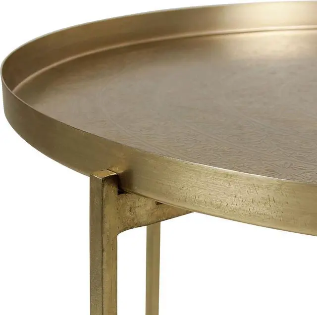 Alt view image 6 of 7 - East at Main Handcrafted Gold Coffee Table with Etched Tray Top, Antique Brass Finish, Iron Legs - 30" X 17" Durable and Stylish Living Room Furniture