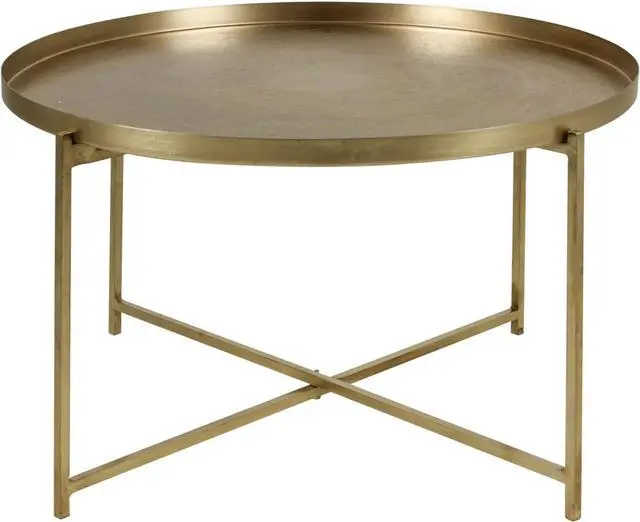 Alt view image 7 of 7 - East at Main Handcrafted Gold Coffee Table with Etched Tray Top, Antique Brass Finish, Iron Legs - 30" X 17" Durable and Stylish Living Room Furniture