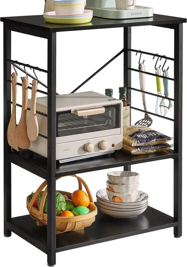 Main image of YMYNY Standing Baker's Racks, 3-Tier Microwave Oven Stand with Metal Frame and 6 Hooks, Coffee Bar Table, Storage Shelf Rack for Kitchen and Living Room, Panel Adjustable, Black, UHTMJ022B