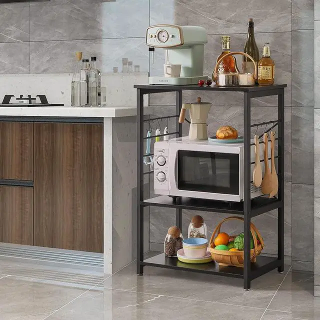 Alt view image 2 of 7 - YMYNY Standing Baker's Racks, 3-Tier Microwave Oven Stand with Metal Frame and 6 Hooks, Coffee Bar Table, Storage Shelf Rack for Kitchen and Living Room, Panel Adjustable, Black, UHTMJ022B
