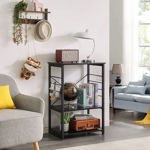 Alt view image 3 of 7 - YMYNY Standing Baker's Racks, 3-Tier Microwave Oven Stand with Metal Frame and 6 Hooks, Coffee Bar Table, Storage Shelf Rack for Kitchen and Living Room, Panel Adjustable, Black, UHTMJ022B