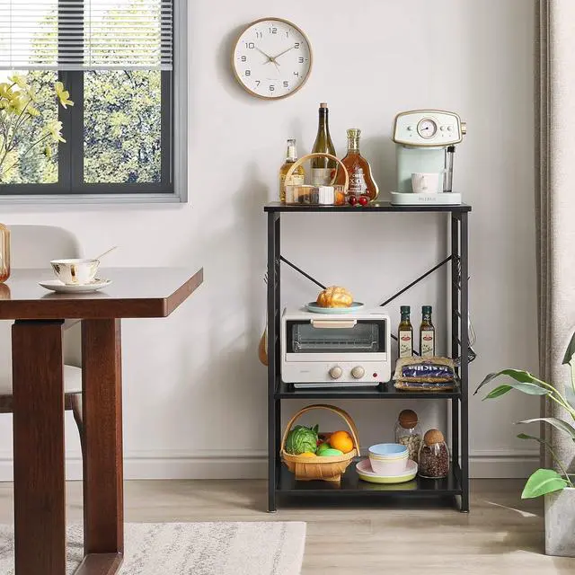 Alt view image 6 of 7 - YMYNY Standing Baker's Racks, 3-Tier Microwave Oven Stand with Metal Frame and 6 Hooks, Coffee Bar Table, Storage Shelf Rack for Kitchen and Living Room, Panel Adjustable, Black, UHTMJ022B