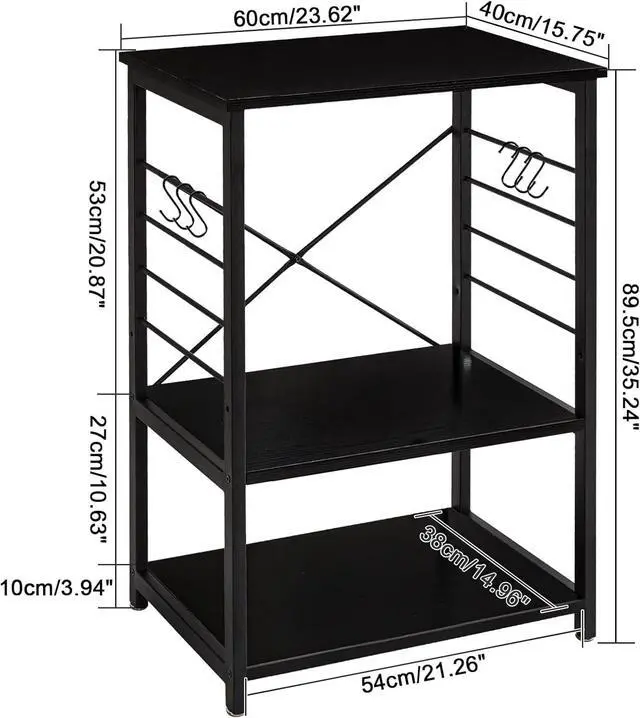 Alt view image 7 of 7 - YMYNY Standing Baker's Racks, 3-Tier Microwave Oven Stand with Metal Frame and 6 Hooks, Coffee Bar Table, Storage Shelf Rack for Kitchen and Living Room, Panel Adjustable, Black, UHTMJ022B