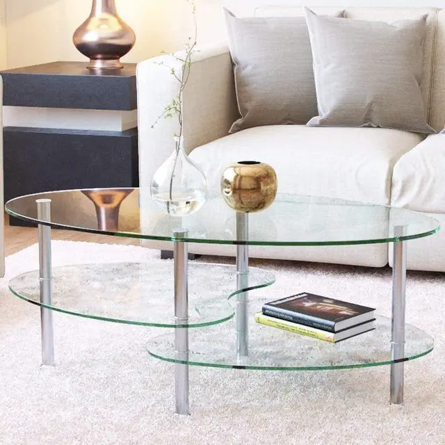 Main image of Glass Coffee Table with 2 Tier Tempered Glass Boards & Sturdy Chrome Stainless Steel Legs-Clear Oval Glass End Table Coffee Tea Table Ideal for Home Office