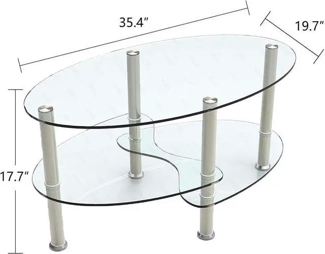 Alt view image 2 of 7 - Glass Coffee Table with 2 Tier Tempered Glass Boards & Sturdy Chrome Stainless Steel Legs-Clear Oval Glass End Table Coffee Tea Table Ideal for Home Office