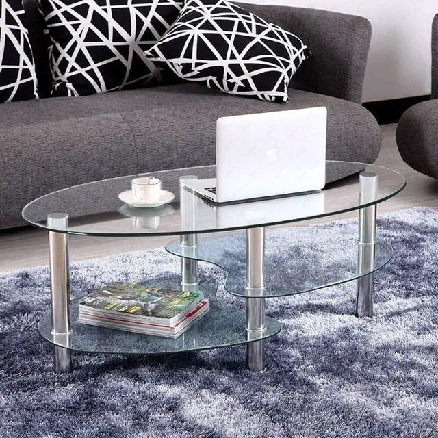 Alt view image 3 of 7 - Glass Coffee Table with 2 Tier Tempered Glass Boards & Sturdy Chrome Stainless Steel Legs-Clear Oval Glass End Table Coffee Tea Table Ideal for Home Office