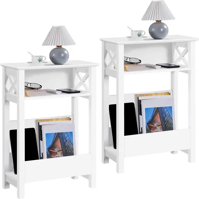 Main image of Yaheetech 3 Tier Slim End Table Set of 2, Narrow Side Table with Storage Shelf, Modern X Shaped Magazine Table for Living Room Home Office Narrow Spaces, 20×10×28 inch (L×W×H), White