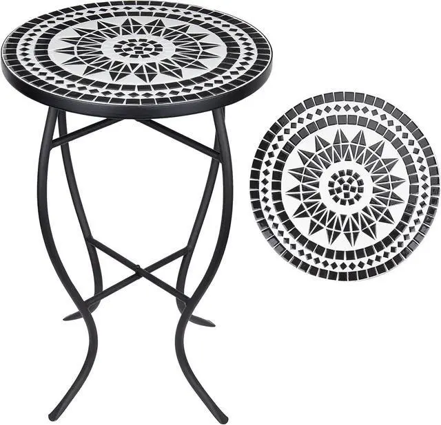 Main image of Vipush Mosaic Patio Side Table Outdoor Accent Table Bistro Coffee Table Plant Stand Indoor Folding Round End Table for Small Porch Balcony Backyard,Black