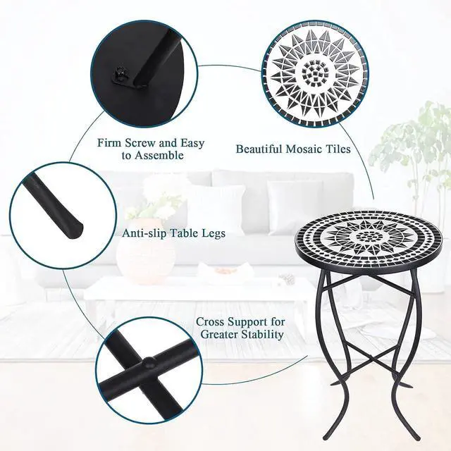 Alt view image 6 of 7 - Vipush Mosaic Patio Side Table Outdoor Accent Table Bistro Coffee Table Plant Stand Indoor Folding Round End Table for Small Porch Balcony Backyard,Black
