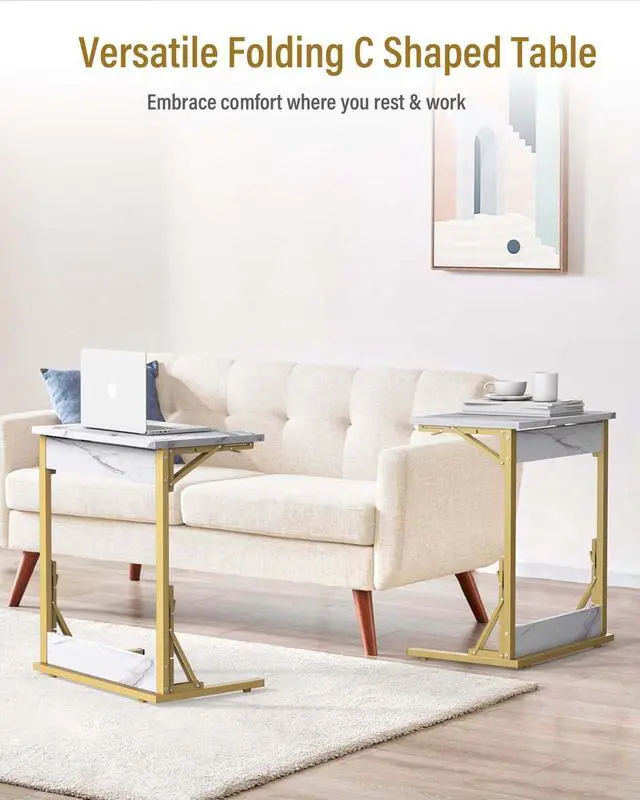 Alt view image 2 of 7 - Tatub 24" Folding TV Tray Table, Marble C Shaped End Table for Couch, Small Sofa-Side Laptop Desk with Gold Metal Frame for Living Room, Bedroom, Bedside