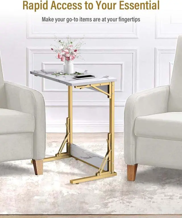 Alt view image 3 of 7 - Tatub 24" Folding TV Tray Table, Marble C Shaped End Table for Couch, Small Sofa-Side Laptop Desk with Gold Metal Frame for Living Room, Bedroom, Bedside