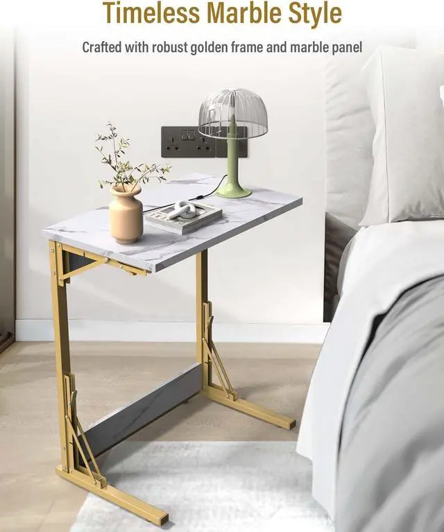 Alt view image 4 of 7 - Tatub 24" Folding TV Tray Table, Marble C Shaped End Table for Couch, Small Sofa-Side Laptop Desk with Gold Metal Frame for Living Room, Bedroom, Bedside