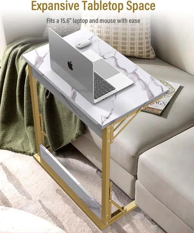 Alt view image 5 of 7 - Tatub 24" Folding TV Tray Table, Marble C Shaped End Table for Couch, Small Sofa-Side Laptop Desk with Gold Metal Frame for Living Room, Bedroom, Bedside