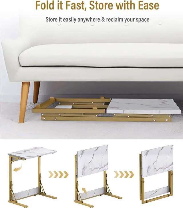 Alt view image 6 of 7 - Tatub 24" Folding TV Tray Table, Marble C Shaped End Table for Couch, Small Sofa-Side Laptop Desk with Gold Metal Frame for Living Room, Bedroom, Bedside