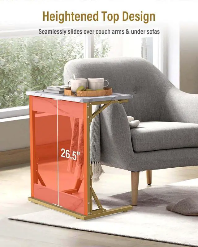 Alt view image 7 of 7 - Tatub 24" Folding TV Tray Table, Marble C Shaped End Table for Couch, Small Sofa-Side Laptop Desk with Gold Metal Frame for Living Room, Bedroom, Bedside