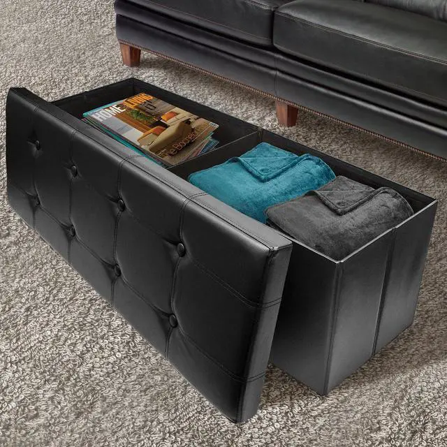 Alt view image 2 of 7 - Sorbus Folding Storage Ottoman Bench Chest Leather Ottoman with Storage- 43 inch Long Hold up 700lbs, Bedroom, Entryway, Coffee Table, Bed end, Toy Trunk Padded Seat, Footrest, Foot Stool - Black