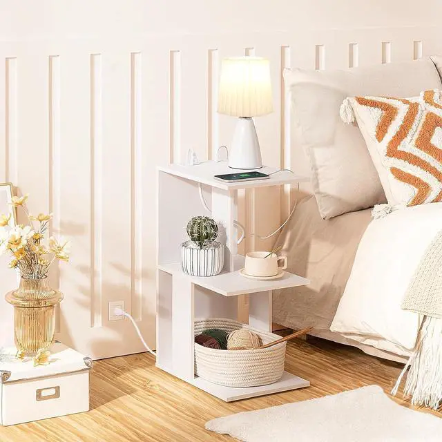 Alt view image 2 of 7 - End Table with Charging Station, Narrow Side Table for Small Spaces with USB Ports and Outlets, Bedside Nightstand with Light, Narrow Table for Living Room, White ETWT18E01Z