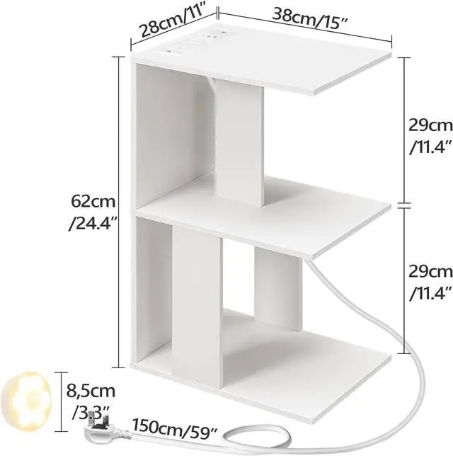 Alt view image 3 of 7 - End Table with Charging Station, Narrow Side Table for Small Spaces with USB Ports and Outlets, Bedside Nightstand with Light, Narrow Table for Living Room, White ETWT18E01Z
