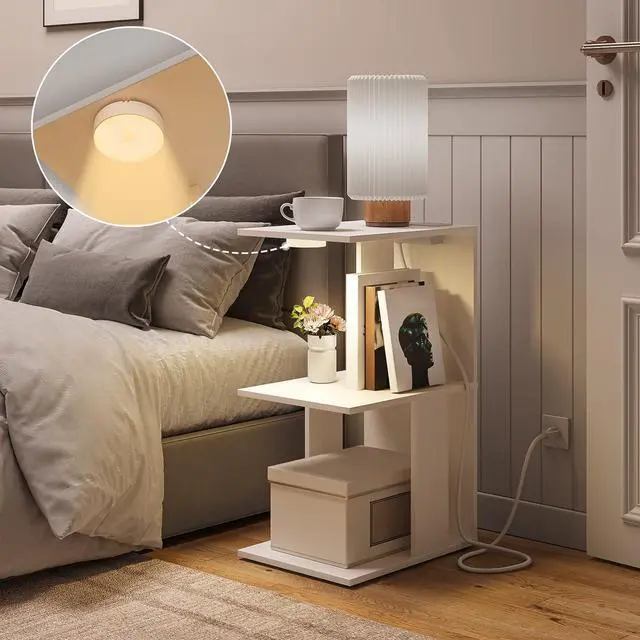 Alt view image 4 of 7 - End Table with Charging Station, Narrow Side Table for Small Spaces with USB Ports and Outlets, Bedside Nightstand with Light, Narrow Table for Living Room, White ETWT18E01Z