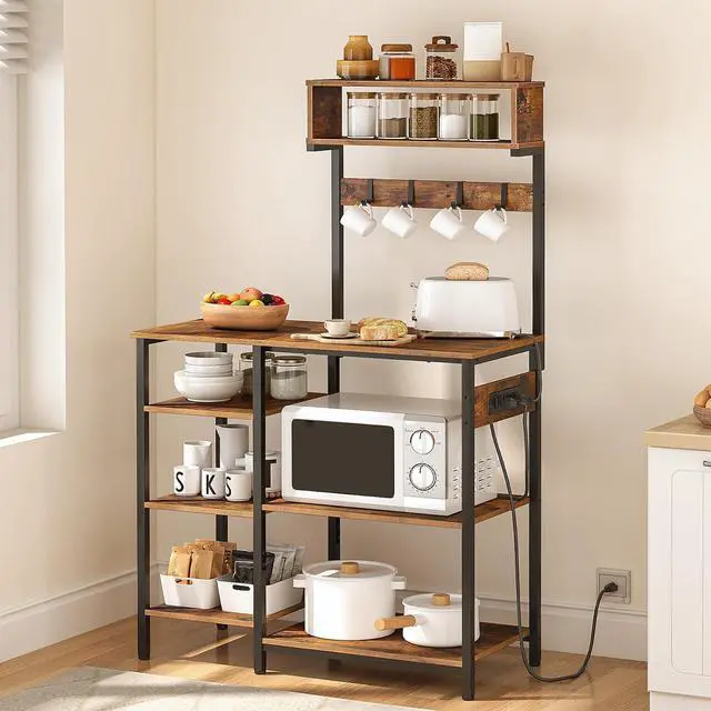 Main image of HOOBRO Bakers Rack with Power Outlet, 35.4 Inches Microwave Stand with 4 Hooks, 6 Tiers Kitchen Storage Shelf Rack, Coffee Bar Table, Rustic Brown and Black BF10UHB01