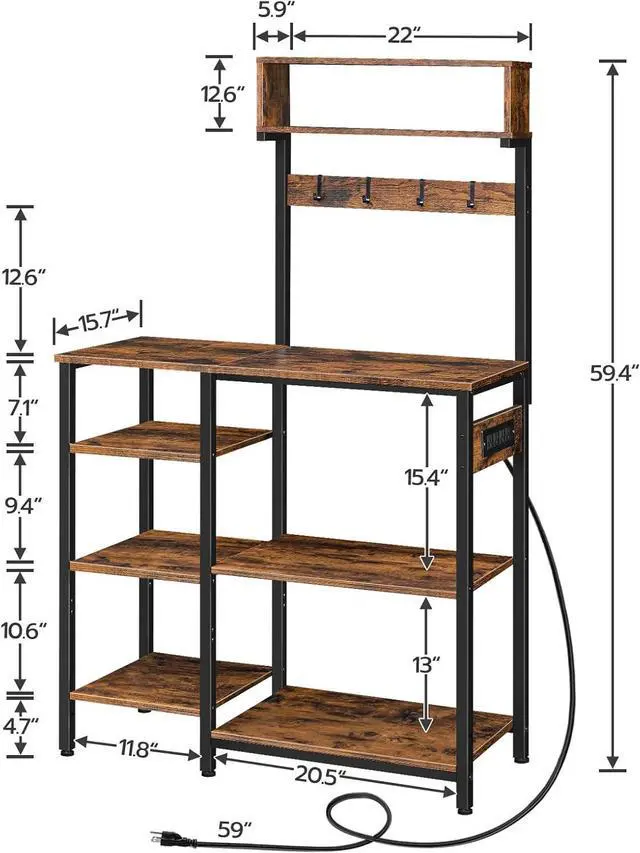 Alt view image 2 of 7 - HOOBRO Bakers Rack with Power Outlet, 35.4 Inches Microwave Stand with 4 Hooks, 6 Tiers Kitchen Storage Shelf Rack, Coffee Bar Table, Rustic Brown and Black BF10UHB01