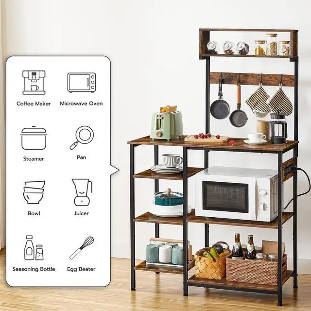 Alt view image 3 of 7 - HOOBRO Bakers Rack with Power Outlet, 35.4 Inches Microwave Stand with 4 Hooks, 6 Tiers Kitchen Storage Shelf Rack, Coffee Bar Table, Rustic Brown and Black BF10UHB01
