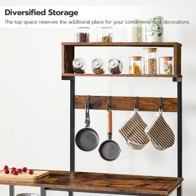 Alt view image 4 of 7 - HOOBRO Bakers Rack with Power Outlet, 35.4 Inches Microwave Stand with 4 Hooks, 6 Tiers Kitchen Storage Shelf Rack, Coffee Bar Table, Rustic Brown and Black BF10UHB01