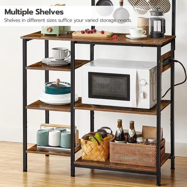 Alt view image 7 of 7 - HOOBRO Bakers Rack with Power Outlet, 35.4 Inches Microwave Stand with 4 Hooks, 6 Tiers Kitchen Storage Shelf Rack, Coffee Bar Table, Rustic Brown and Black BF10UHB01