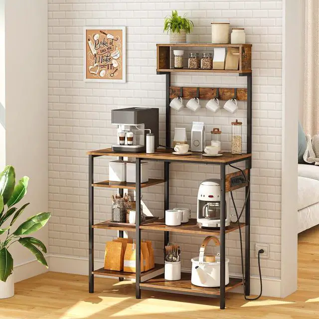 Alt view image 6 of 7 - HOOBRO Bakers Rack with Power Outlet, 35.4 Inches Microwave Stand with 4 Hooks, 6 Tiers Kitchen Storage Shelf Rack, Coffee Bar Table, Rustic Brown and Black BF10UHB01