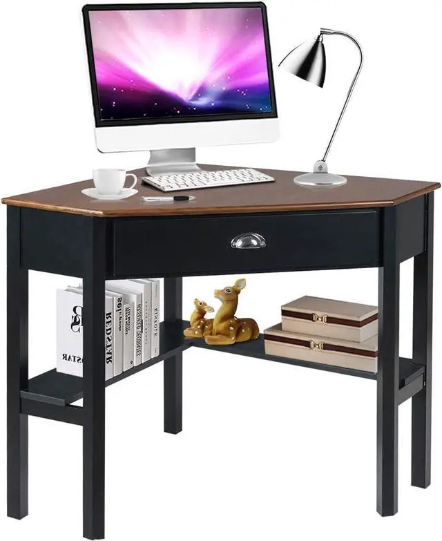 Main image of Tangkula Corner Desk, Corner Computer Desk with Drawer for Small Space, Small Corner Makeup Vanity Desk, 90 Degrees Triangle Corner Desk with Storage Shelves (Coffee & Black)
