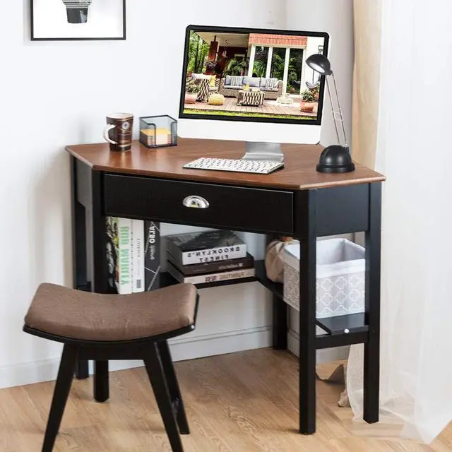 Alt view image 2 of 7 - Tangkula Corner Desk, Corner Computer Desk with Drawer for Small Space, Small Corner Makeup Vanity Desk, 90 Degrees Triangle Corner Desk with Storage Shelves (Coffee & Black)