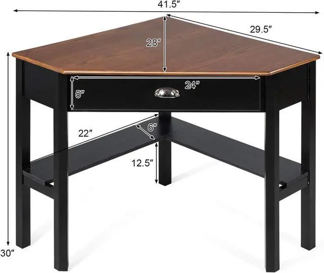 Alt view image 3 of 7 - Tangkula Corner Desk, Corner Computer Desk with Drawer for Small Space, Small Corner Makeup Vanity Desk, 90 Degrees Triangle Corner Desk with Storage Shelves (Coffee & Black)