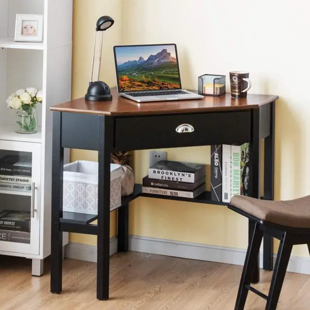 Alt view image 4 of 7 - Tangkula Corner Desk, Corner Computer Desk with Drawer for Small Space, Small Corner Makeup Vanity Desk, 90 Degrees Triangle Corner Desk with Storage Shelves (Coffee & Black)