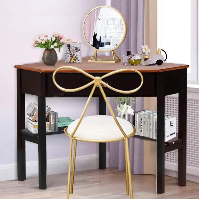 Alt view image 5 of 7 - Tangkula Corner Desk, Corner Computer Desk with Drawer for Small Space, Small Corner Makeup Vanity Desk, 90 Degrees Triangle Corner Desk with Storage Shelves (Coffee & Black)