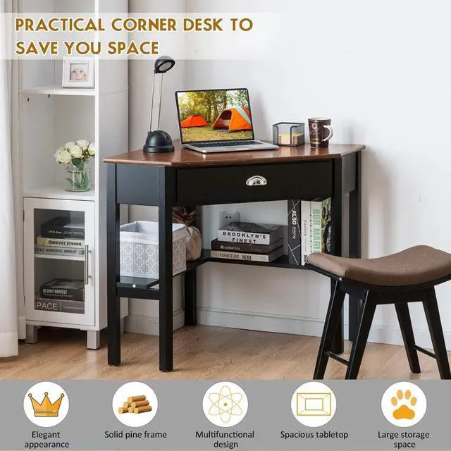Alt view image 6 of 7 - Tangkula Corner Desk, Corner Computer Desk with Drawer for Small Space, Small Corner Makeup Vanity Desk, 90 Degrees Triangle Corner Desk with Storage Shelves (Coffee & Black)