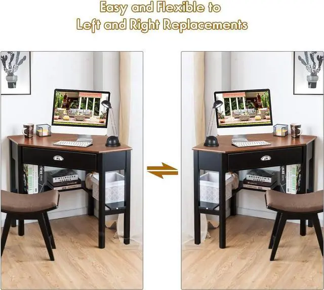 Alt view image 7 of 7 - Tangkula Corner Desk, Corner Computer Desk with Drawer for Small Space, Small Corner Makeup Vanity Desk, 90 Degrees Triangle Corner Desk with Storage Shelves (Coffee & Black)