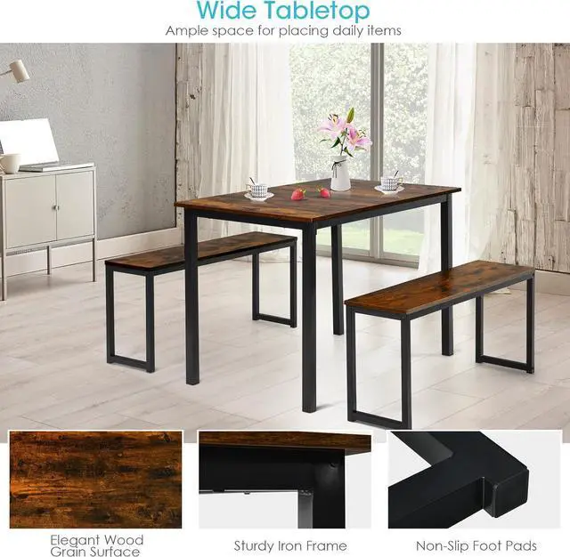Alt view image 3 of 7 - COSTWAY 3 PCS Dining Table Set for 4, Rectangular Kitchen Table with 2 Benches, Industrial Counter Height Table Set with Anti-Slip Pads, Heavy Duty Steel Frame for Dining Room, Kitchen, Bar (Coffee)