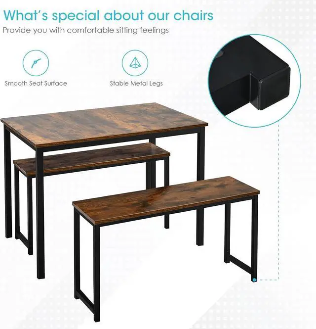 Alt view image 4 of 7 - COSTWAY 3 PCS Dining Table Set for 4, Rectangular Kitchen Table with 2 Benches, Industrial Counter Height Table Set with Anti-Slip Pads, Heavy Duty Steel Frame for Dining Room, Kitchen, Bar (Coffee)